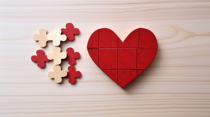  a heart shaped puzzle sitting on top of a wooden table next to a piece of puzzle that has been placed on top of it.