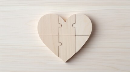  a wooden puzzle in the shape of a heart on a wooden surface with four pieces missing from each side of the heart.