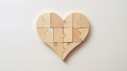  a wooden heart shaped puzzle sitting on top of a white table next to a piece of wood that has been cut into pieces.
