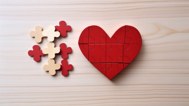  a heart shaped puzzle sitting on top of a wooden table next to a piece of puzzle that has been placed on top of it.