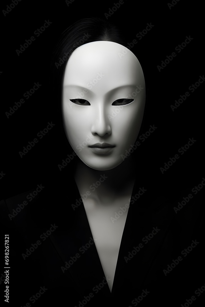 Wall mural Black and white dramatic portrait of beautiful young woman standing in a dark and holding a white mask, incognito, hiding a secret, mystery concept . Black studio background - Wall murals