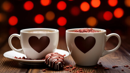 copy space, stockphoto, 2 white cups with coffee, red heart shaped design drawing on the coffee cup, some chocolats next to the cups. Beautiful background or for valentine’s day. Beautiful background.