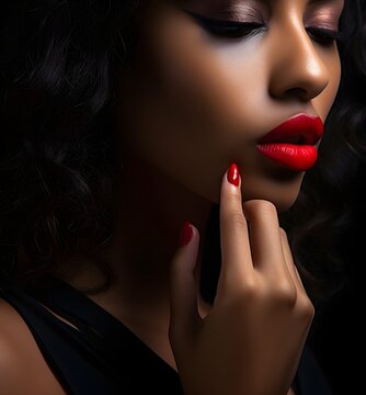 cropped view of seductive woman with red lips and makeup showing shh symbol, mysterious girl hiding a secret, isolated on black dark background, banner wallpaper