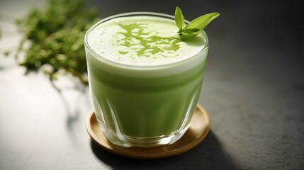 A glass with matcha latte on the table
