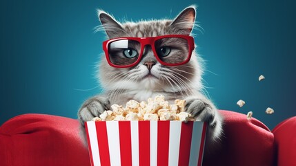 cat watching 3D movie with popcorn