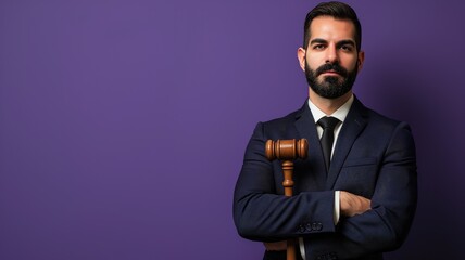 Confident lawyer with a gavel over a purple background - obrazy, fototapety, plakaty