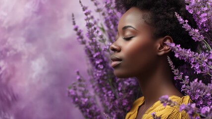 A serene woman with eyes closed, surrounded by lavender