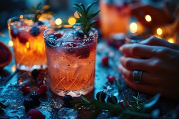 Picture a cozy winter setting with frost-kissed cocktail glass in the center,christmas party cocktails - obrazy, fototapety, plakaty