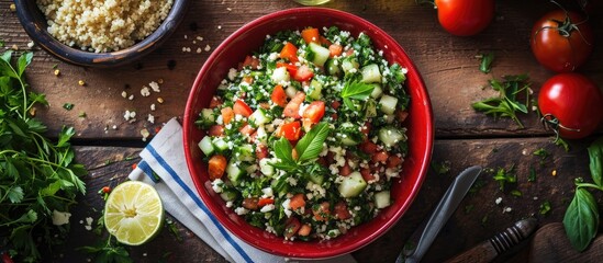 Top-down view of tabbouleh salad in red bowl on rustic table, with couscous. - obrazy, fototapety, plakaty