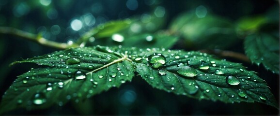 Green leaf with sparkling water drops glistening in the dark theme. A mesmerizing abstract...