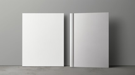  a pair of white doors sitting next to each other on top of a cement floor in front of a gray wall.