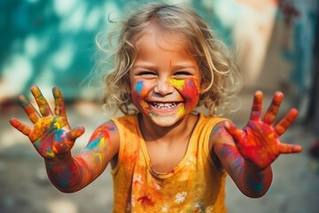 portrait of a happy smiling child with painted hands and face