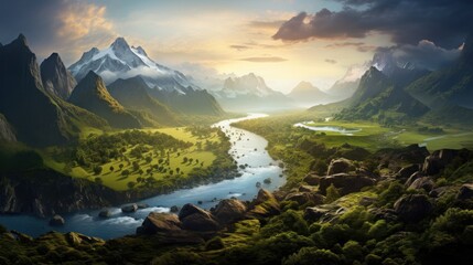  a painting of a mountain landscape with a river in the foreground and a river running through the middle of it. - obrazy, fototapety, plakaty