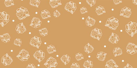 Vector illustration. Contour pattern. Cakes, donuts, croissants, macarons in sketch style. Hand drawn food elements. Desserts and sweets food doodle background with copy space for text.
