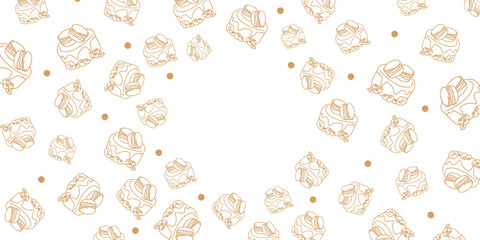 Vector illustration. Contour pattern. Cakes, donuts, croissants, macarons in sketch style. Hand drawn food elements. Desserts and sweets food doodle background with copy space for text.