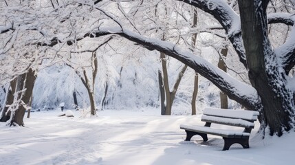  a snow covered park bench in the middle of a snow covered park with a lot of trees in the background.