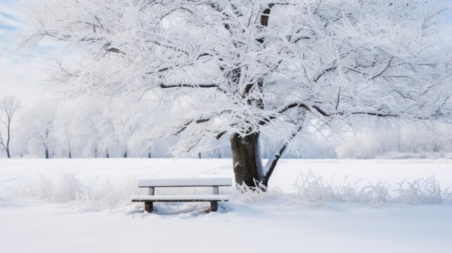  a snow covered park bench next to a large tree in the middle of a snow covered field with trees in the background.
