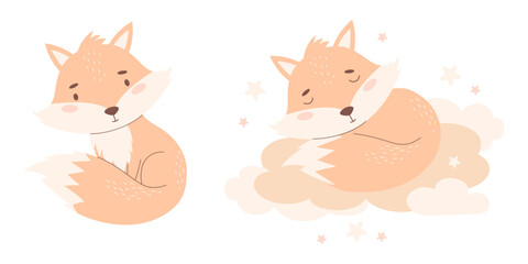 Cute fox. Red wild sleeping animal character in pastel colors. Vector illustration. Kids collection.