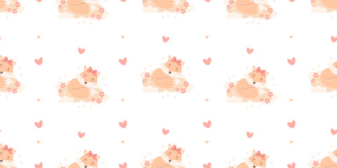 Seamless pattern with sleeping animal fox on cloud on white background. Vector illustration for design, wallpaper, packaging, textile. Kids collection.
