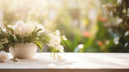  a white vase filled with white flowers sitting on top of a white table next to a green leafy bush.