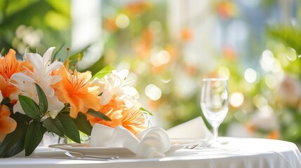 a close up of a table with a vase of flowers on it and a glass of wine on the table.