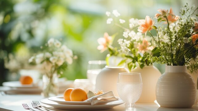  a close up of a plate on a table with a vase of flowers and a plate with oranges on it.