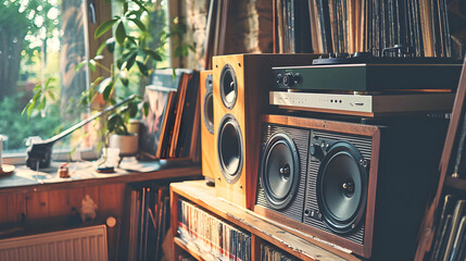 Hi-fi stereo system with large speakers, next to a stack of vinyl records. 80s vintage lifestyles. Close-up