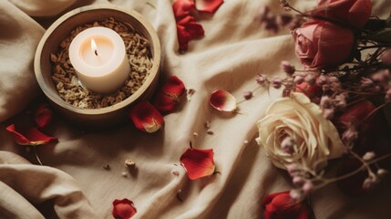 a close up of a candle on a cloth with flowers on the side of the cloth and a vase of flowers on the side of the cloth.