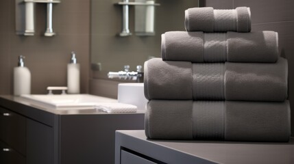  a stack of white towels sitting on top of a bathroom counter next to a white sink and a large mirror.