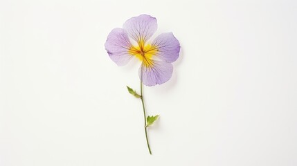  a single purple flower with a yellow center on a white background with a green stem and a single yellow center on the end of the stem.