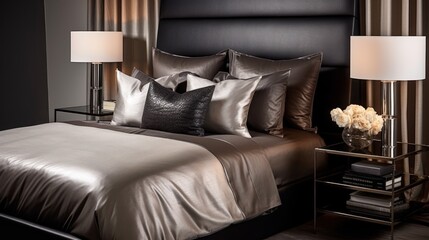  a bed with a black headboard and two lamps on either side of it and a vase with flowers in the middle of the bed.