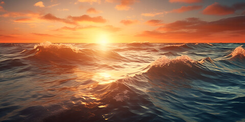  Beautiful sunset on the beach. Sea waves and splashes AI Generative