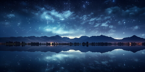 Starry night sky over a lake with mountains and trees AI Generative