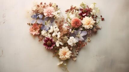  a heart - shaped arrangement of flowers on a white wall in the shape of a heart with pink, purple, and white flowers.