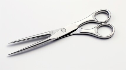  a pair of silver scissors sitting on top of a white table next to a pair of scissors on top of a white table.
