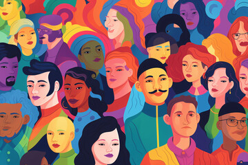 Diversity illustration, men and women with different ethnicities, complexities and from different cultural backgrounds, diversity concept background