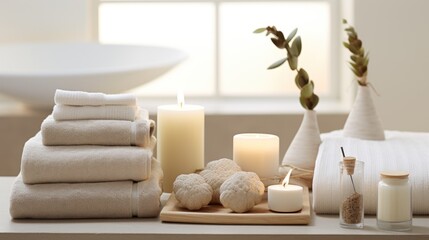  a table topped with candles and towels next to a vase filled with flowers and a candle on top of a cutting board.