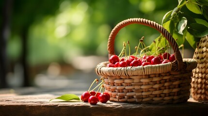 Fresh Cherries in a Wicker Basket Bathed in Outdoor Sunlight