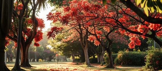 Colorful trees with blooming red flowers in a park: Royal poinciana and peacock flower trees. - obrazy, fototapety, plakaty