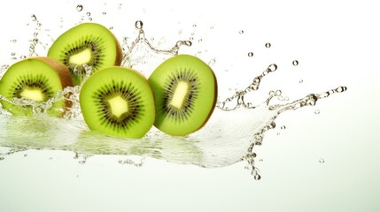  a group of kiwi cut in half with water splashing on the side of the whole kiwi on a white background.