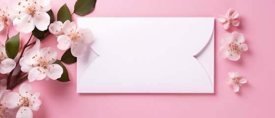 pink flowers and card and envelope with copy space
