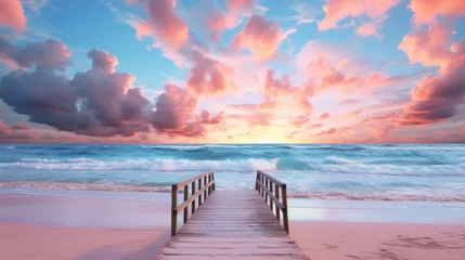   a wooden walkway leading to the ocean with a sunset in the backgroound and clouds in the sky. © Anna
