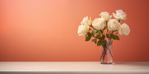 A bouquet of delicate white roses in a vase on a peach background. Design for banner and background with place for text
