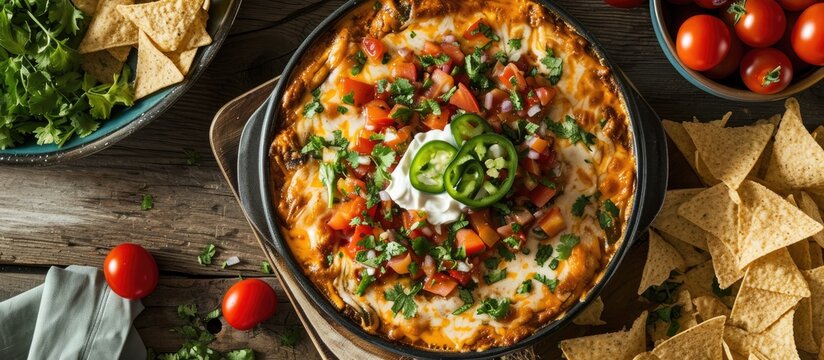 Ready-to-serve homemade 7 layer dip with tortilla chips, viewed from above.