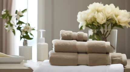  a stack of folded towels sitting on top of a table next to a vase with white flowers in the background.