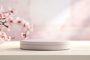 Fototapeta na wymiar round light pink podium with blooming branches of peach sakura. with minimalistic background