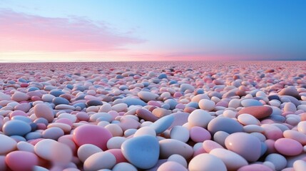 Fototapeta premium a bunch of rocks sitting in the middle of a field with a pink and blue sky in the back ground.