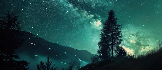 Papier Peint photo Destinations Stunning night sky with stars, meteors, and serene green backdrop.