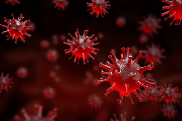 Coronavirus -nCov virus close up defocus red background virus cells influenza as dangerous asian pandemic virus close up 3d rendering stock photo
