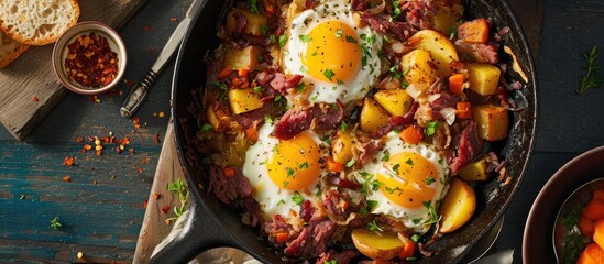 Egg-topped corned beef hash in a skillet with potatoes, cabbage, and carrot.